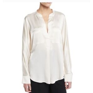 VINCE long sleeve V-Neck Silk Banded Collar Blouse Women Ivory Professional sz s